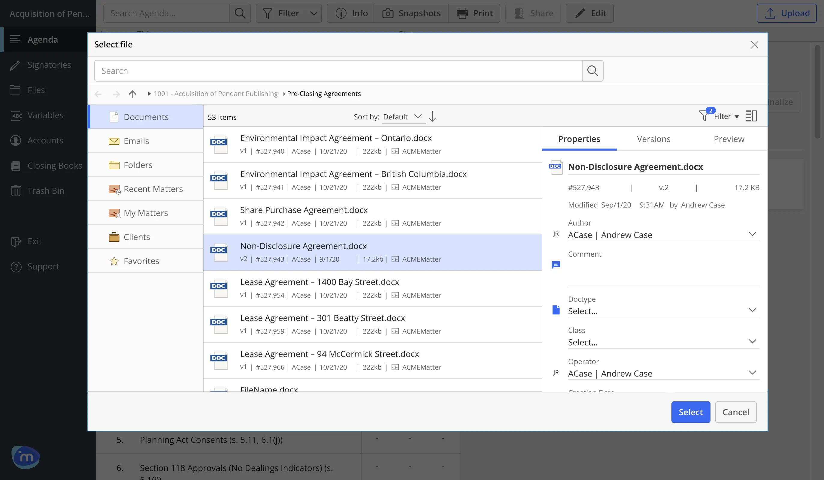 iManage Work picker